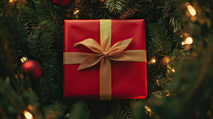 Top-down view of a red Christmas gift box with gold ribbon on transparent background