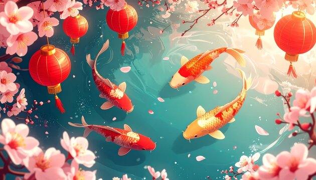 Beautiful carp surround abstract cherry blossoms