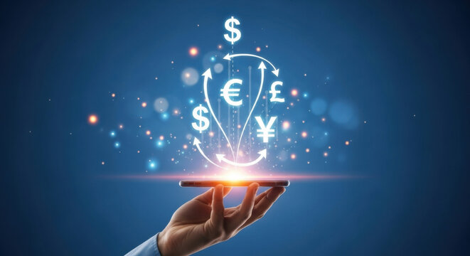 A hand holds a smartphone with currency symbols above it on a blue background, representing digital finance and global exchange with glowing effects. - Powered by Adobe