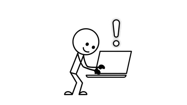 Simple Stickman Character Reacts With Surprise To Urgent Notification On Laptop Screen With Exclamation Mark And Bright Rays In Minimalist Style