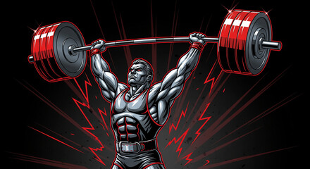 Powerful weightlifter completing an overhead press with heavy plates