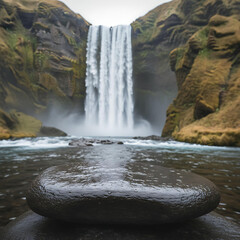 Powerful Waterfall and Rocky River Landscape