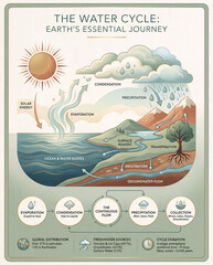Vintage inspired water cycle diagram illustrating solar energy, evaporation, condensation, precipitation, runoff and groundwater flow in nature