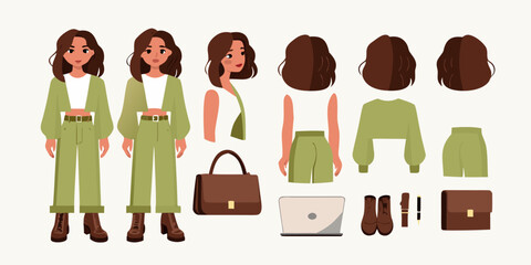 Fashion model character design sheet with various poses and clothing items