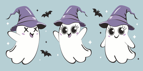 Cute halloween ghosts wearing purple witch hats with flying bats