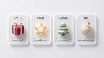 Modern Christmas values infographic with 3D gift, star, tree and ornament icons on white background