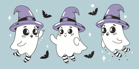 Three adorable ghosts wearing purple witch hats float amongst sparkling bats