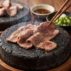 Premium Sliced Beef on Hot Stone Plate with Chopsticks