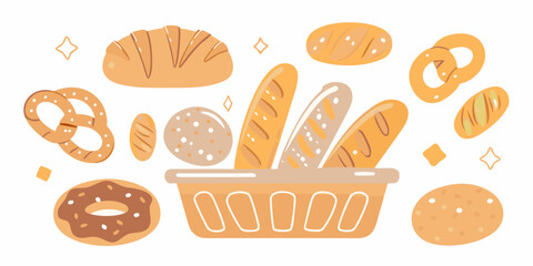 Assorted freshly baked breads pastries and a basket filled with delicious treats