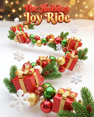 Festive 3D Christmas composition of red gift boxes, ornaments and evergreen branches forming a winding holiday path