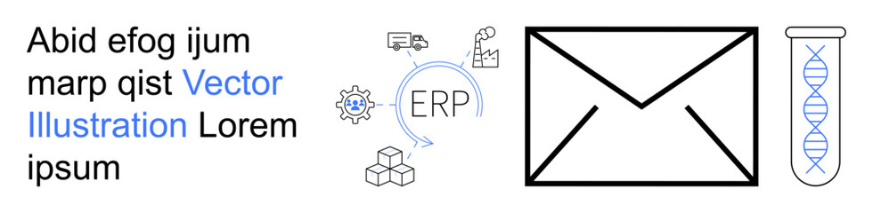 Business management, logistics, supply chain, enterprise software, data exchange, scientific analysis. Icons include ERP circular diagram, mail envelope DNA helix test tube. Logistics and business