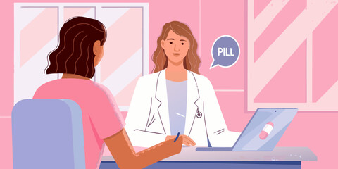 Doctor discussing medication with a patient in a modern pink toned office