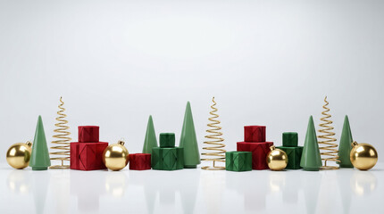 Minimal 3D Christmas scene with stylized trees, red and green gift boxes and gold baubles on white background