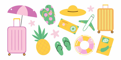 Colorful summer vacation items including luggage beach accessories and tropical fruits
