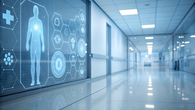 The modern architecture of digital hospital corridor features a bright, futuristic design with light reflecting off the floor