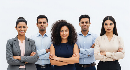 corporate team standing confidently on white background