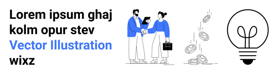 Business teamwork, innovation, financial growth, idea generation, partnership, entrepreneurship. Two professionals shaking hands, coins falling a lightbulb ideas. Business teamwork and innovation