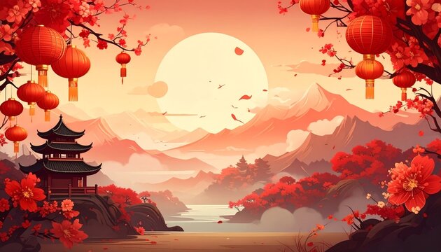 Chinese style red background with lanterns and abstract flowers
