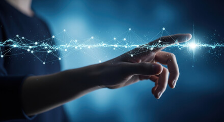 A hand touching a glowing data stream, showing digital interaction against a dark blue background with light effects, conveying technology and connectivity.