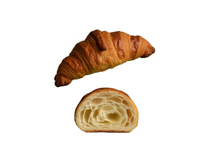Golden croissant pastry top view and cross section isolated on transparent background