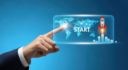 A hand touches a start button displayed on a world map with a rocket flying up, set against a vibrant blue background, symbolizing new business ventures.