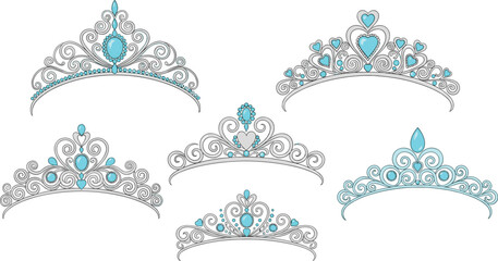 Set of six elegant tiaras with blue gemstones in ornate designs, perfect for costume, jewelry, or decorative design use. © rakib's world