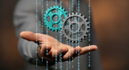 Close up shot of hands gently presenting teal and gray gears amidst a stream of binary code, set against a blurred dark background. Technology concept.