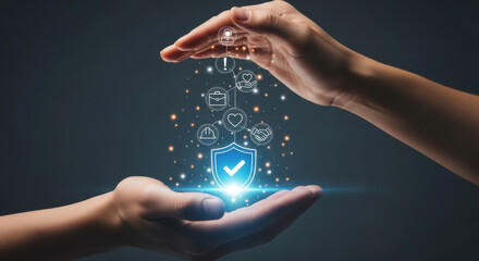 Protective hands gently shield glowing digital icons against a blurred dark backdrop offering data security and cyber protection and insurance concept.