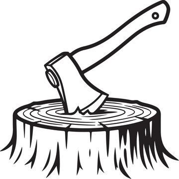 Black and white illustration of an axe in a tree stump Keywords: axe, tree stump, wood, chopping