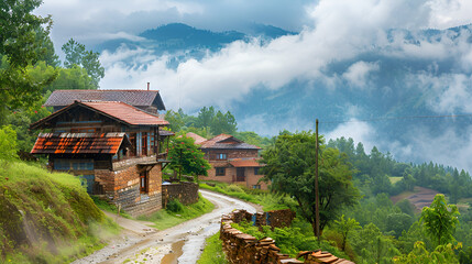 Traditional mountain village homes nestled in lush green hills under dramatic misty clouds