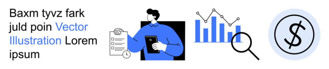 Business operations, data analysis, financial performance, market research, auditing, monetary overview. A person analyzing documents with graphs, magnifying glass dollar sign. Data analysis