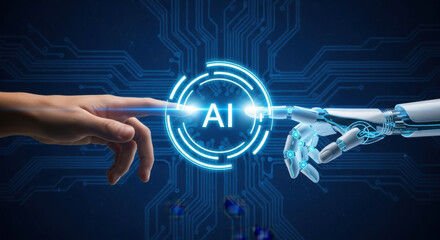 Human hand and robotic arm touching with glowing AI symbol on a blue circuit board background, representing artificial intelligence and future technology.