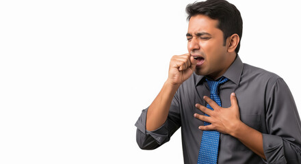 A young office worker in a dress shirt and tie clutches his chest and coughs, illustrating symptoms of sudden respiratory or chest discomfort.