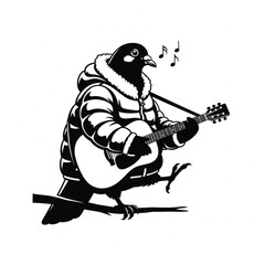 Pigeon in Puffy Jacket Playing Guitar &ndash; Musical Silhouette Vector Illustration