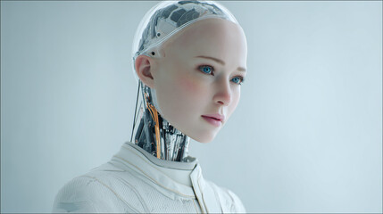 白い背景で横顔を見せる女性型ヒューマノイドロボットの未来的なポートレート