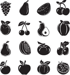 Black vegetable icons showcasing diverse healthy food elements in silhouette style silhouette black and white 