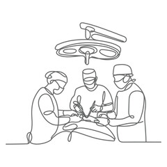 Single continuous single line drawing group of team surgeon doctor doing surgery operation to the patient with critical condition. Operating surgery concept one line draw design vector illustration.