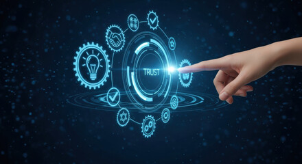 An index finger interacting with a glowing digital interface, highlighted by gears, against a dark blue backdrop. Evokes themes of modern technology and innovation.