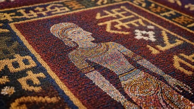 Closeup of ornate patterned carpet in rich blues and burgundy tones