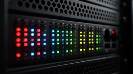 Close up view of a network server with multiple blinking lights