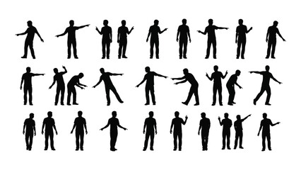 a collection of human figures depicted in various dynamic poses presented as a stark black silhouette