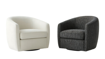 Two contemporary elegant upholstered round swivel armchairs furniture for living room, isolated on transparent background