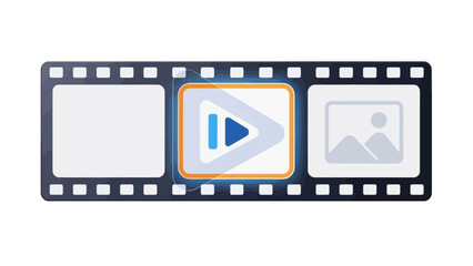 Film strip graphic featuring a central media player icon indicating video playback readiness against a clean white background for digital content