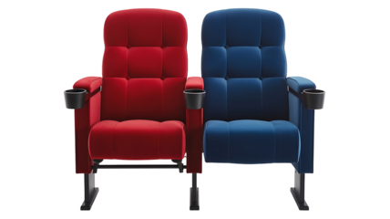 Two modern red and blue comfortable upholstered cinema movie theater seats with cup holders, isolated on transparent background