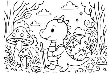 Cute Baby Dragon Walking Through Enchanted Forest with Mushrooms and Trees Coloring Page