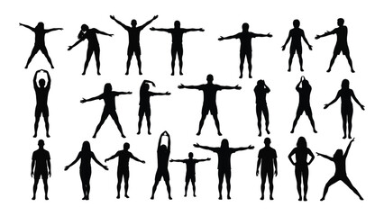 a collection of human figures in various poses displayed as a striking black and white silhouette