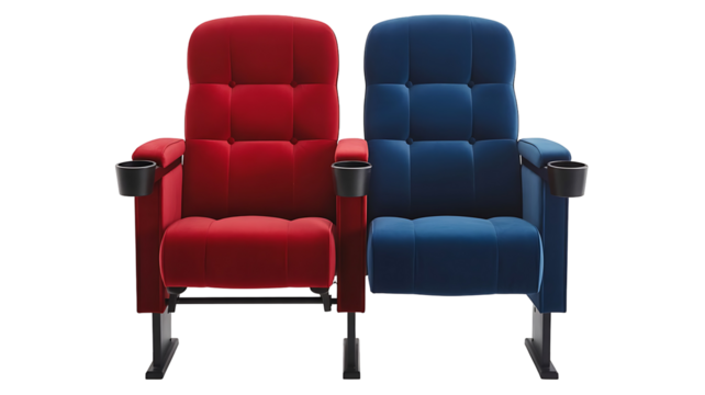 Two modern red and blue comfortable upholstered cinema movie theater seats with cup holders, isolated on transparent background - Powered by Adobe