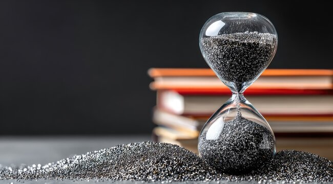 Hourglass with sand and books.
