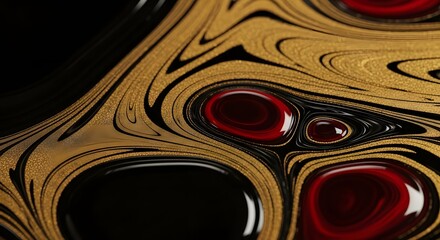 Black, Gold, and Red Abstract Liquid Texture Background with Metallic Glitter Swirls and Glossy Bubbles