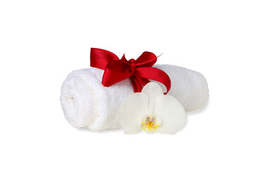 Towel tied with ribbon and an orchid, on white, PNG